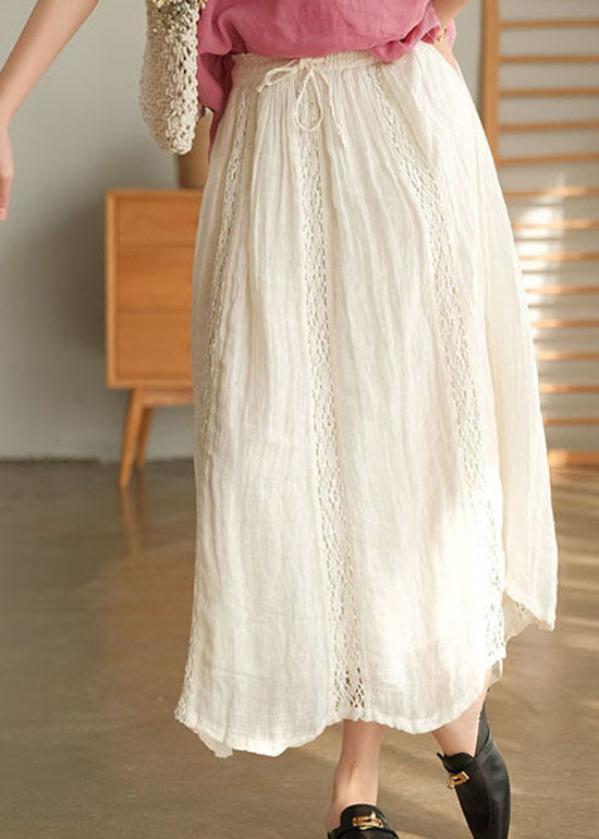 White Tie Waist Lace Patchwork Linen Skirts Spring