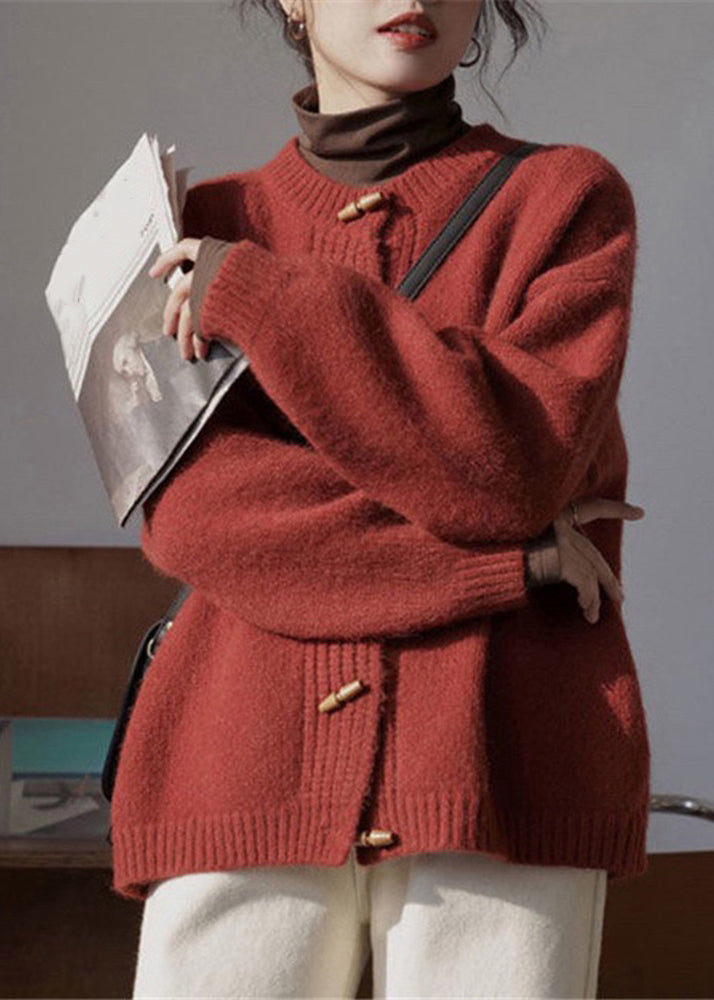 Wine Red Button Patchwork Cozy Knit Coat Long Sleeve