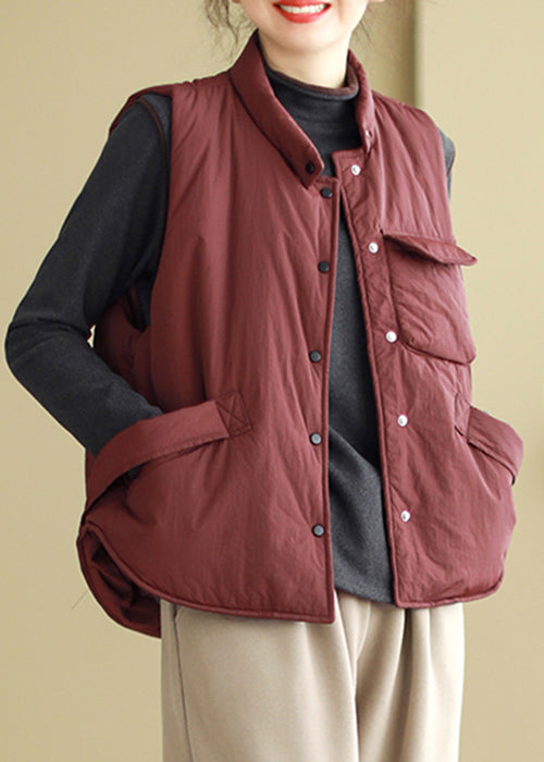 Wine Red Button Pockets Cotton Filled Waistcoat Sleeveless