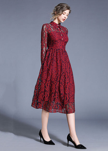 Wine Red Peter Pan Collar Hollow Out Lace Dresses Summer