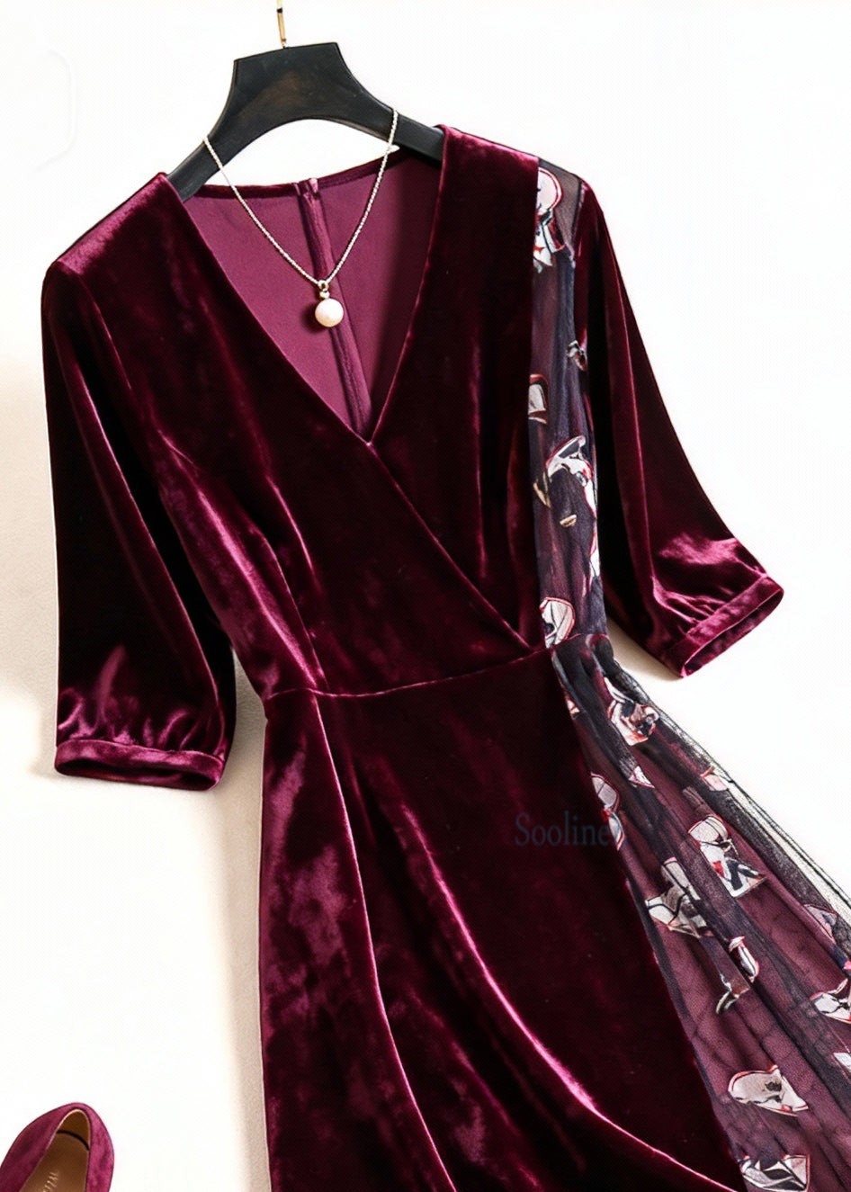 Wine Red Print Tulle Patchwork Silk Velvet Dress Summer