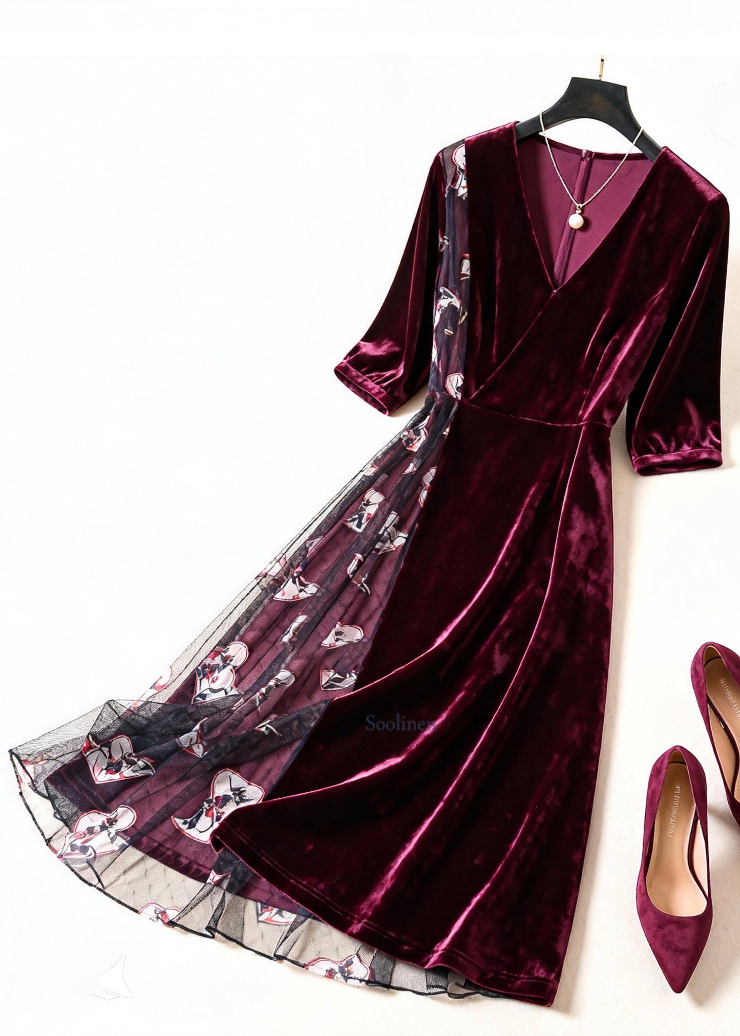Wine Red Print Tulle Patchwork Silk Velvet Dress Summer