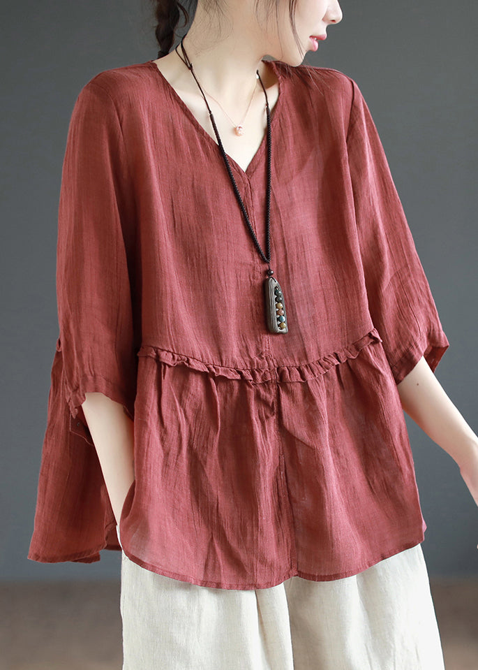 Wine Red Ruffled Side Open Patchwork Linen Shirts Summer