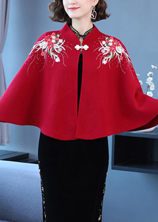 Wine Red Stand Collar Embroideried Patchwork Woolen Coats Fall