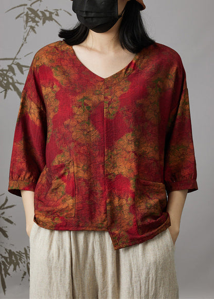 Wine Red V Neck Print Patchwork Cotton Top Summer