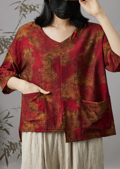 Wine Red V Neck Print Patchwork Cotton Top Summer