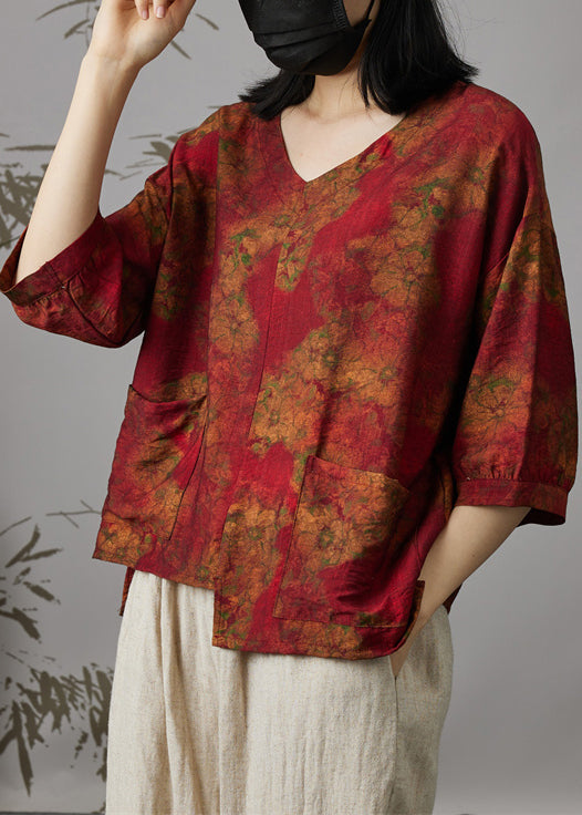 Wine Red V Neck Print Patchwork Cotton Top Summer