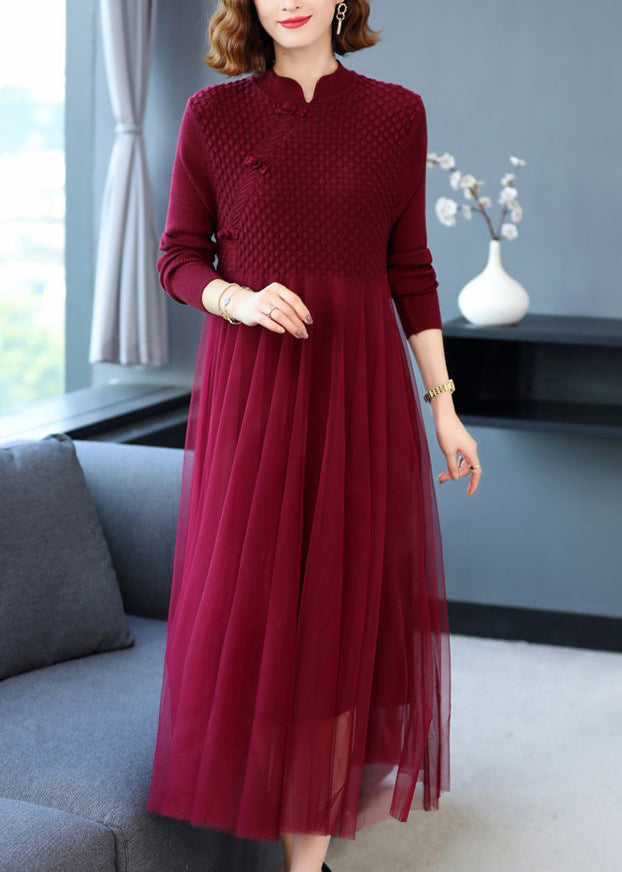 Wine Red Wrinkled Patchwork Knit Sweater Dress Long Sleeve
