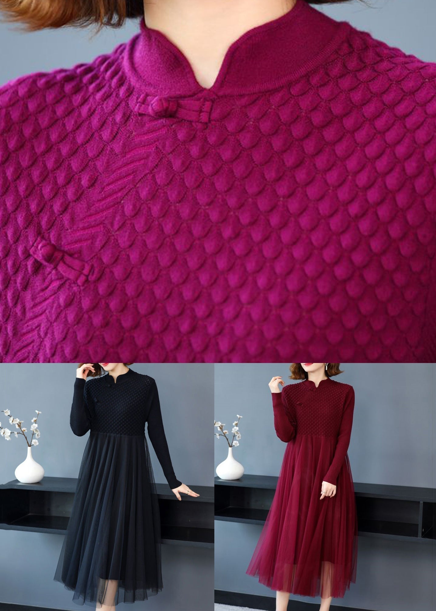Wine Red Wrinkled Patchwork Knit Sweater Dress Long Sleeve