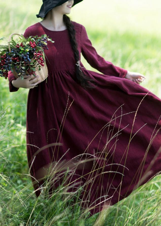 Wine Red O-neck Patchwork Spring Dresses