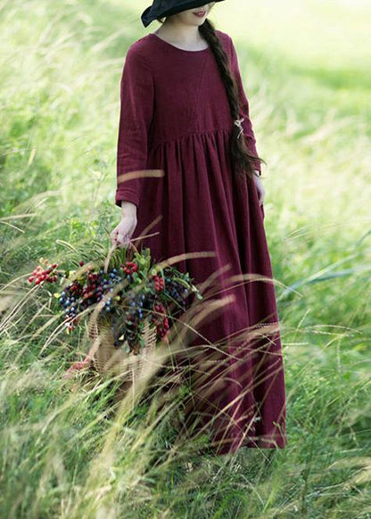 Wine Red O-neck Patchwork Spring Dresses