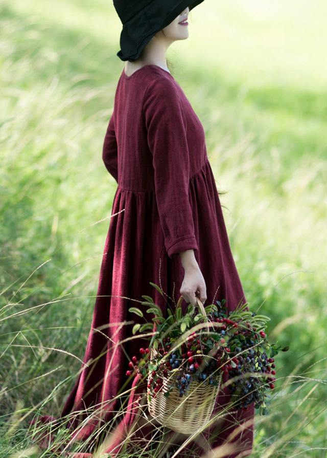 Wine Red O-neck Patchwork Spring Dresses