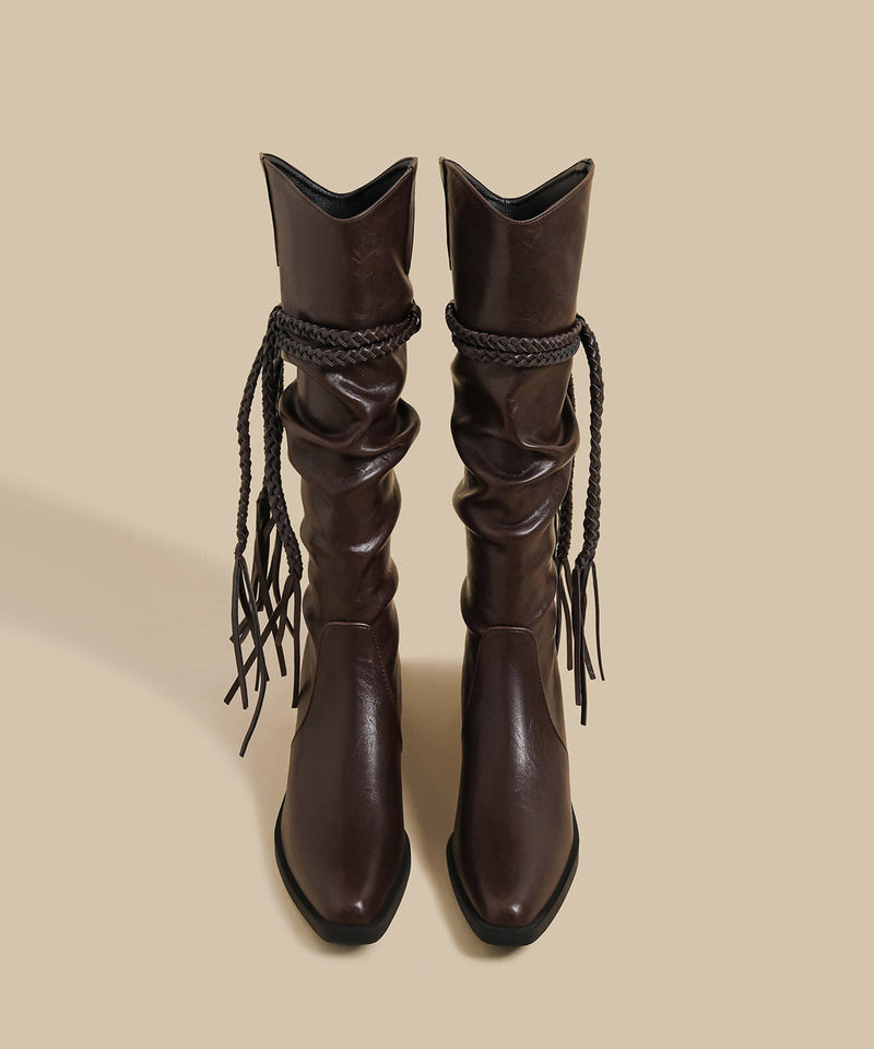 Wrinkled Tassel Splicing Chunky Boots Brown Faux Leather
