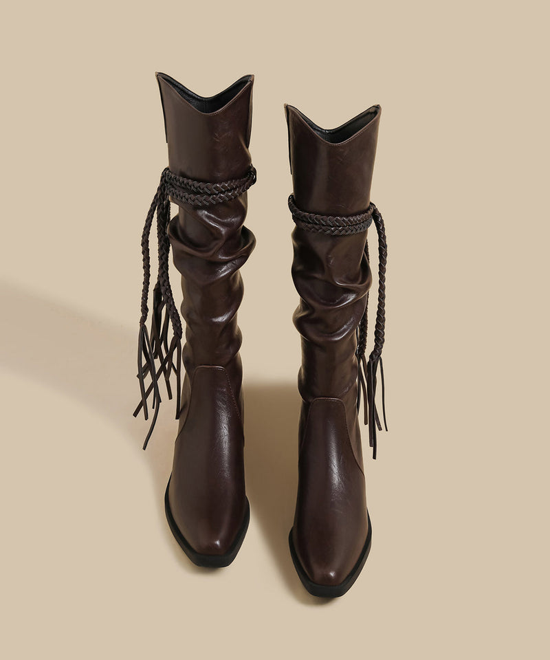 Wrinkled Tassel Splicing Chunky Boots Brown Faux Leather
