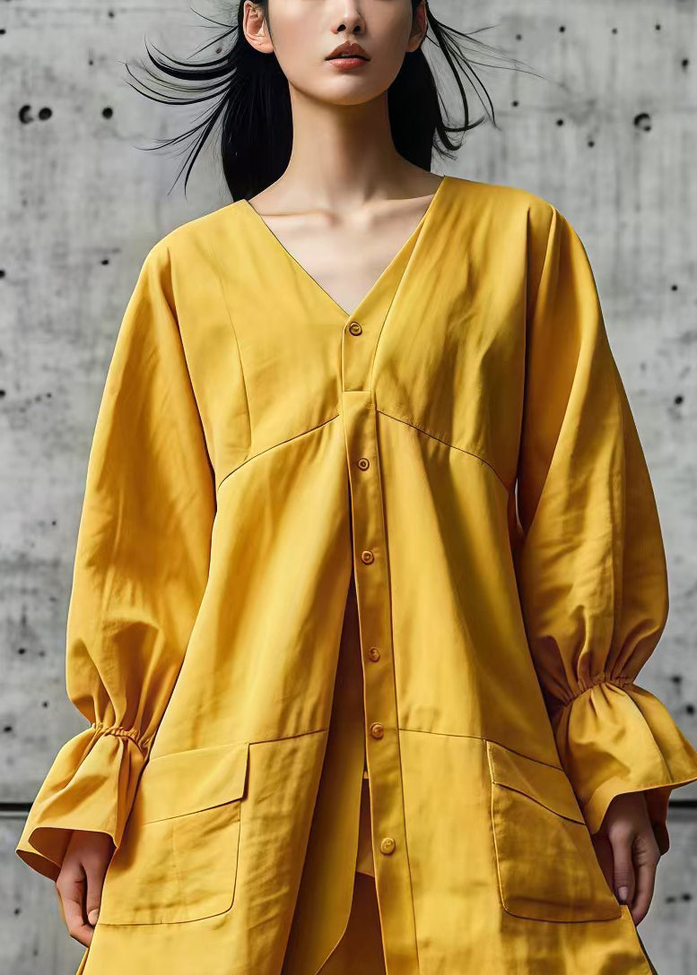 Yellow Asymmetrical Design Cotton Shirt Dresses Fall