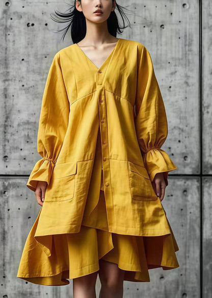 Yellow Asymmetrical Design Cotton Shirt Dresses Fall