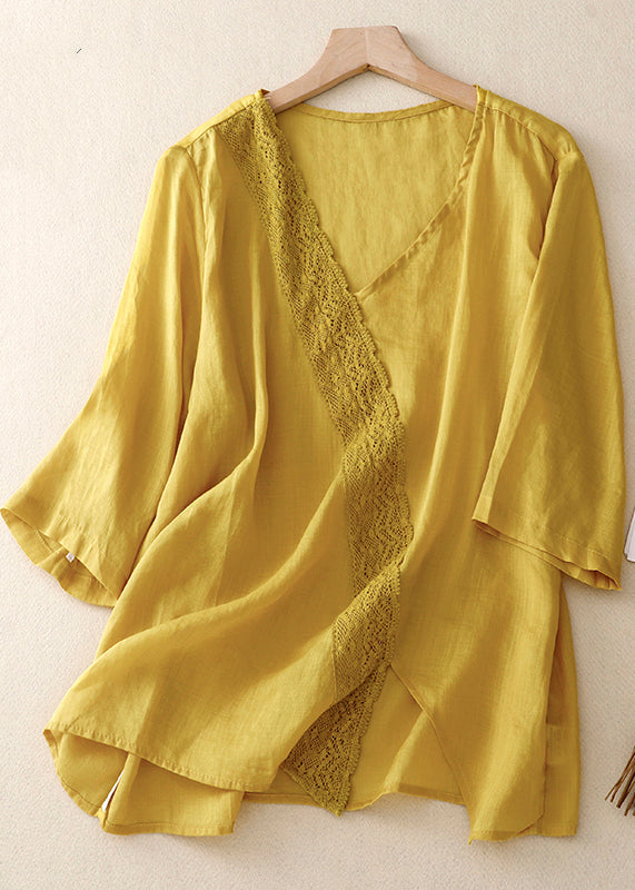 Yellow Asymmetrical Lace Patchwork Linen Shirts Summer