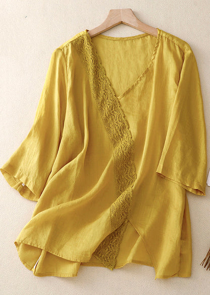 Yellow Asymmetrical Lace Patchwork Linen Shirts Summer