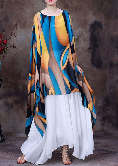 Yellow Blue Asymmetrical Design Print Chiffon Top Batwing Sleeve