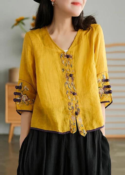 Yellow-striped Pattern Ramie Cardigan Embroidered Shirt