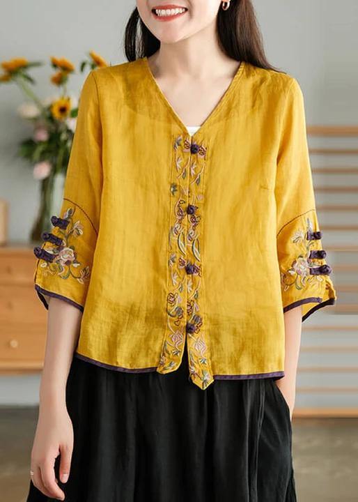 Yellow-flower2 Ramie Cardigan Embroidered Shirt