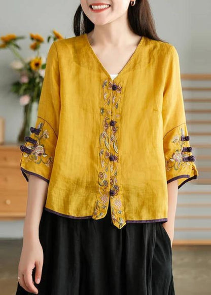 Yellow-flower2 Ramie Cardigan Embroidered Shirt