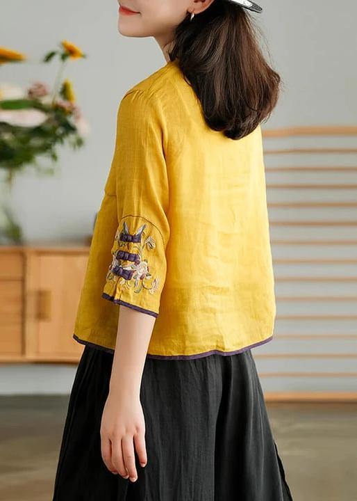 Yellow Ramie Cardigan Embroidered Shirt