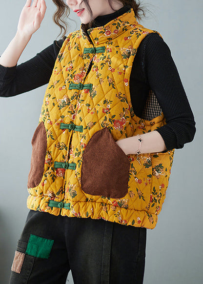 Yellow Chinese Button Print Pockets Cotton Filled Waistcoat Spring