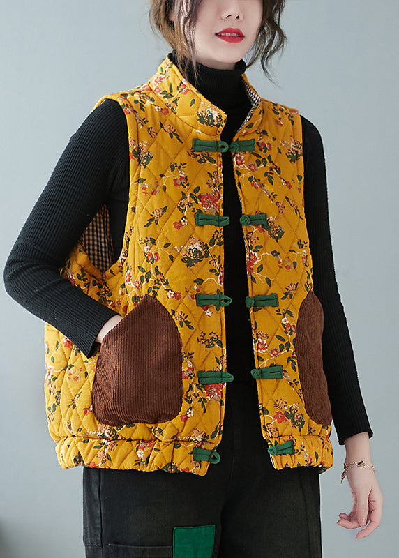 Yellow Chinese Button Print Pockets Cotton Filled Waistcoat Spring