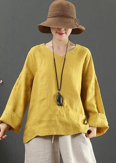 Women Yellow Clothes V Neck Embroidery Dresses Spring Blouse