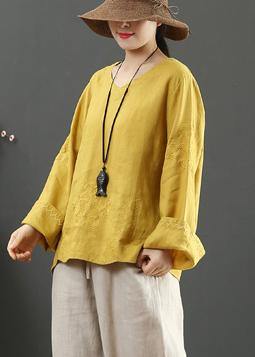Women Yellow Clothes V Neck Embroidery Dresses Spring Blouse