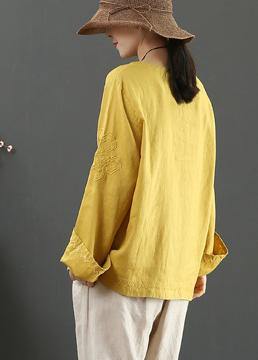 Women Yellow Clothes V Neck Embroidery Dresses Spring Blouse