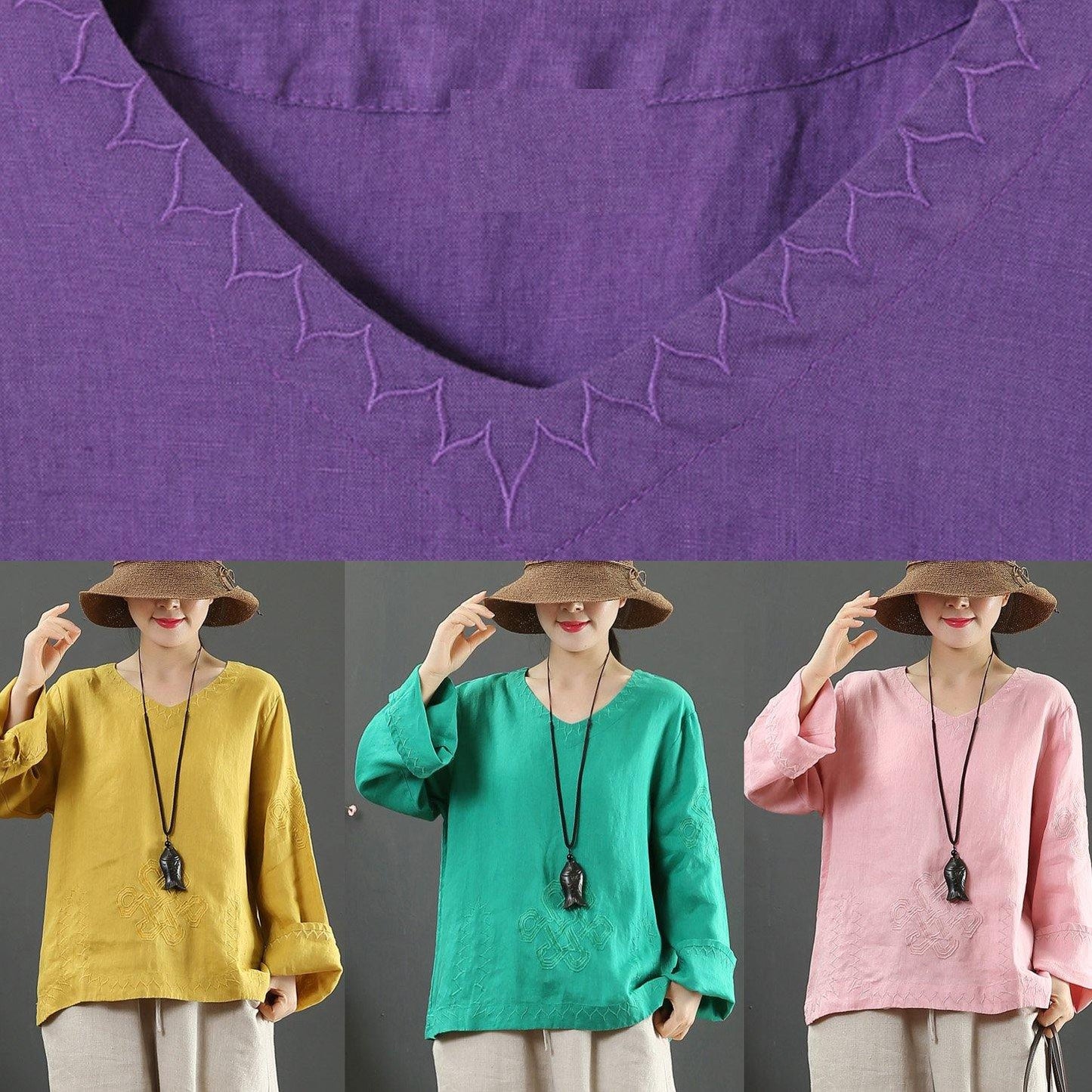 Women Yellow Clothes V Neck Embroidery Dresses Spring Blouse
