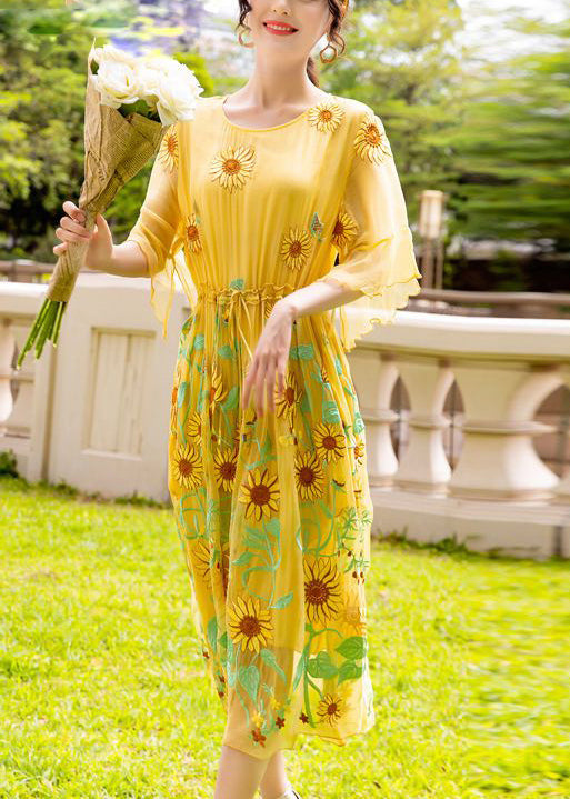 Yellow Daisy Printing Tie Waist Silk Vacation Dresses Flare Sleeve