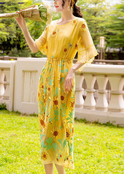 Yellow Daisy Printing Tie Waist Silk Vacation Dresses Flare Sleeve
