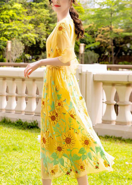 Yellow Daisy Printing Tie Waist Silk Vacation Dresses Flare Sleeve