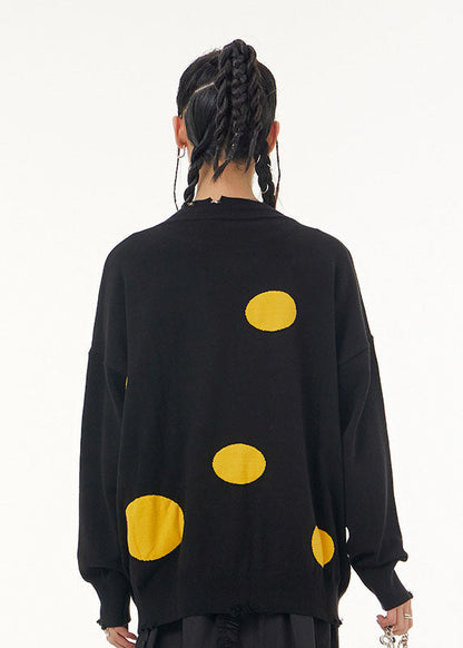 Yellow Dot O Neck Patchwork Knit Sweaters Tops Spring