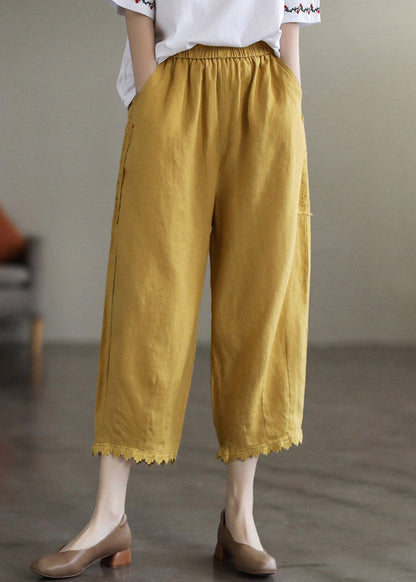 Yellow Elastic Waist Lace Patchwork Harem Pants