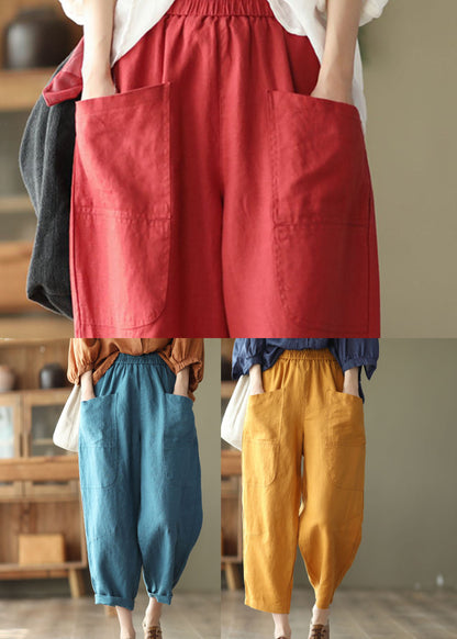 Yellow Elastic Waist Pockets Linen Harem Pants Spring