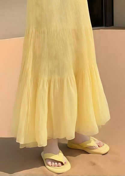 Yellow Elastic Waist Wrinkled Holiday Skirt Summer