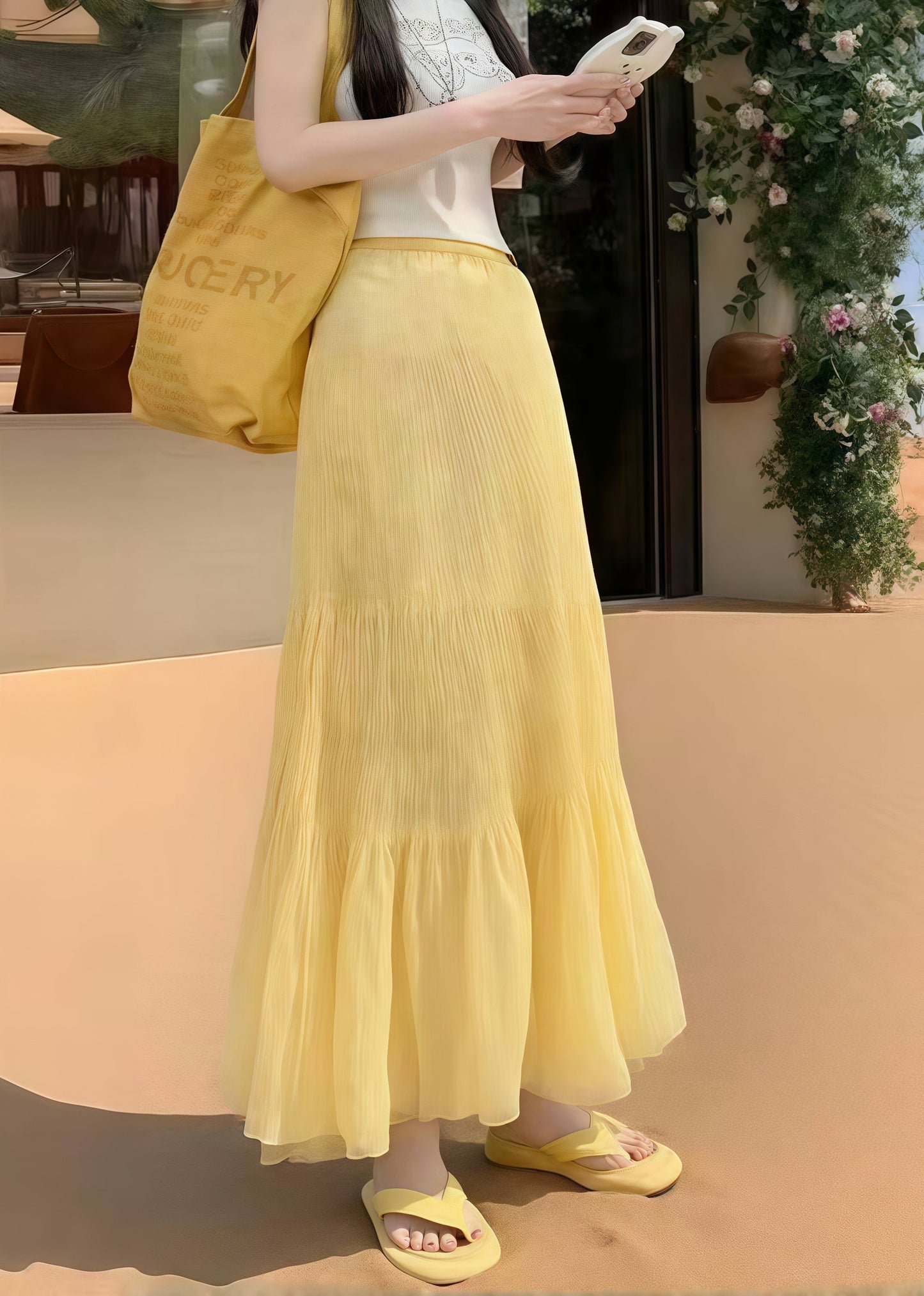 Yellow Elastic Waist Wrinkled Holiday Skirt Summer