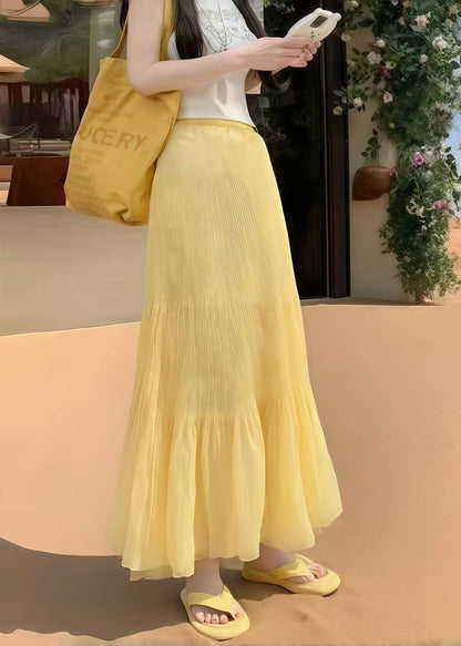 Yellow Elastic Waist Wrinkled Holiday Skirt Summer