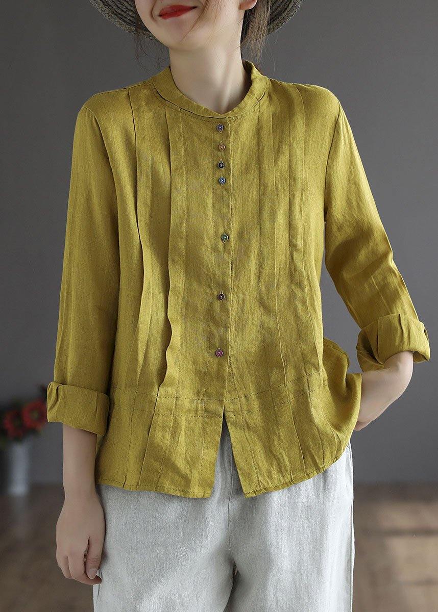 Women Yellow-floral1 Elegant Button Fall Top Long Sleeve Linen