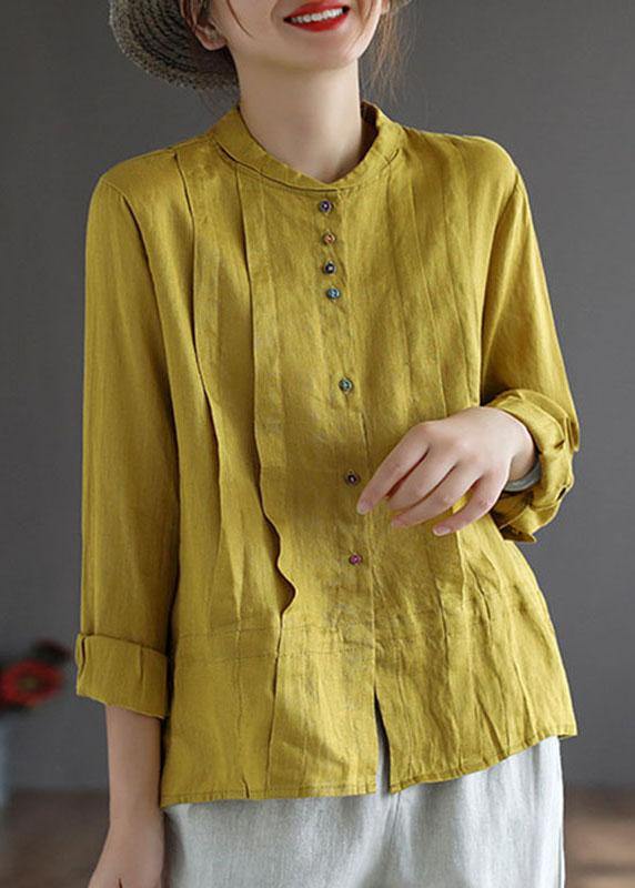 Women Yellow-Geometric patterns Elegant Button Fall Top Long Sleeve Linen