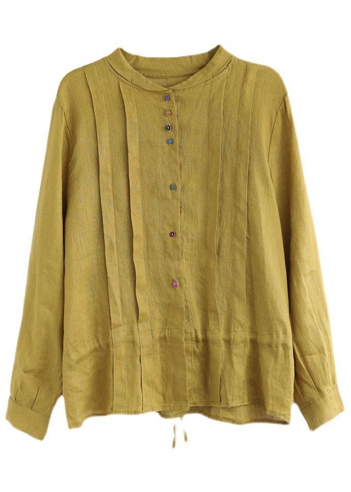 Women Yellow-floral1 Elegant Button Fall Top Long Sleeve Linen