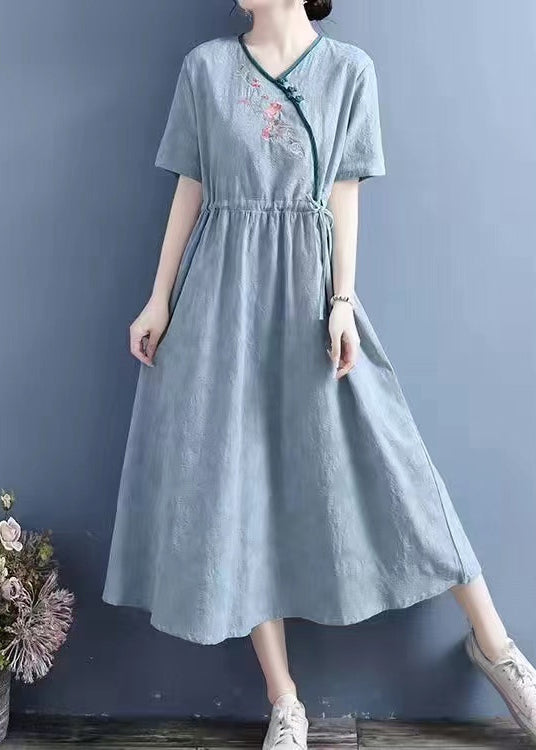 Yellow Embroidered Lace Up Linen Dresses Summer