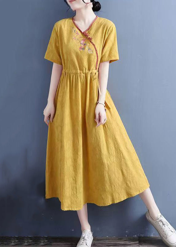 Yellow Embroidered Lace Up Linen Dresses Summer