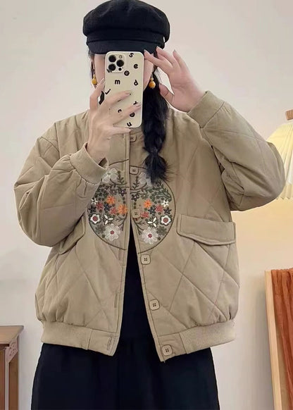 Yellow Embroidered Pockets Fine Cotton Filled Coats Spring