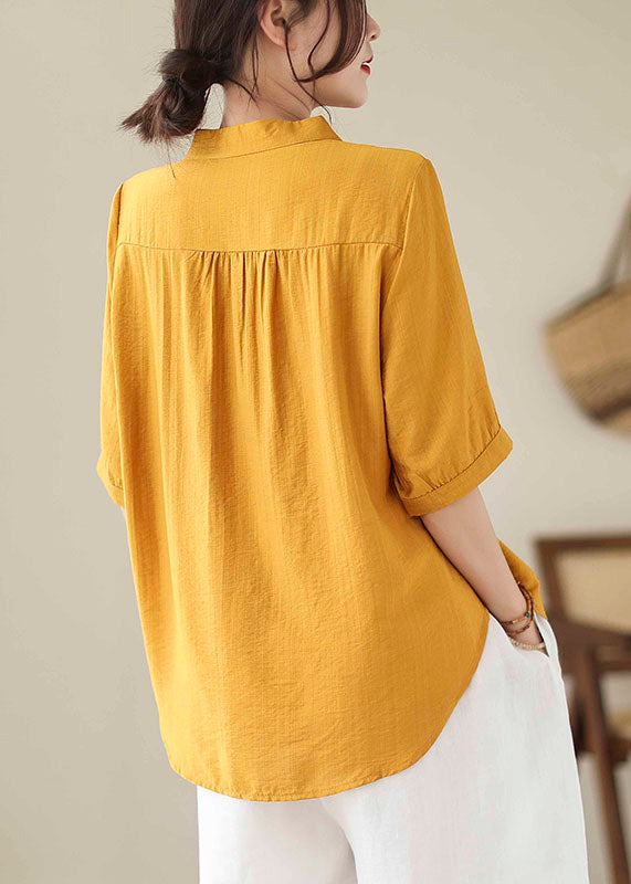 Yellow Embroideried Button Cotton T Shirt Short Sleeve