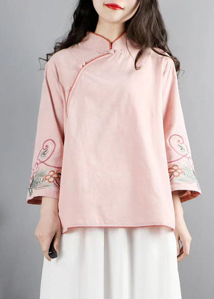 Women Yellow Embroideried Chinese Button Cotton Top Bracelet Sleeve
